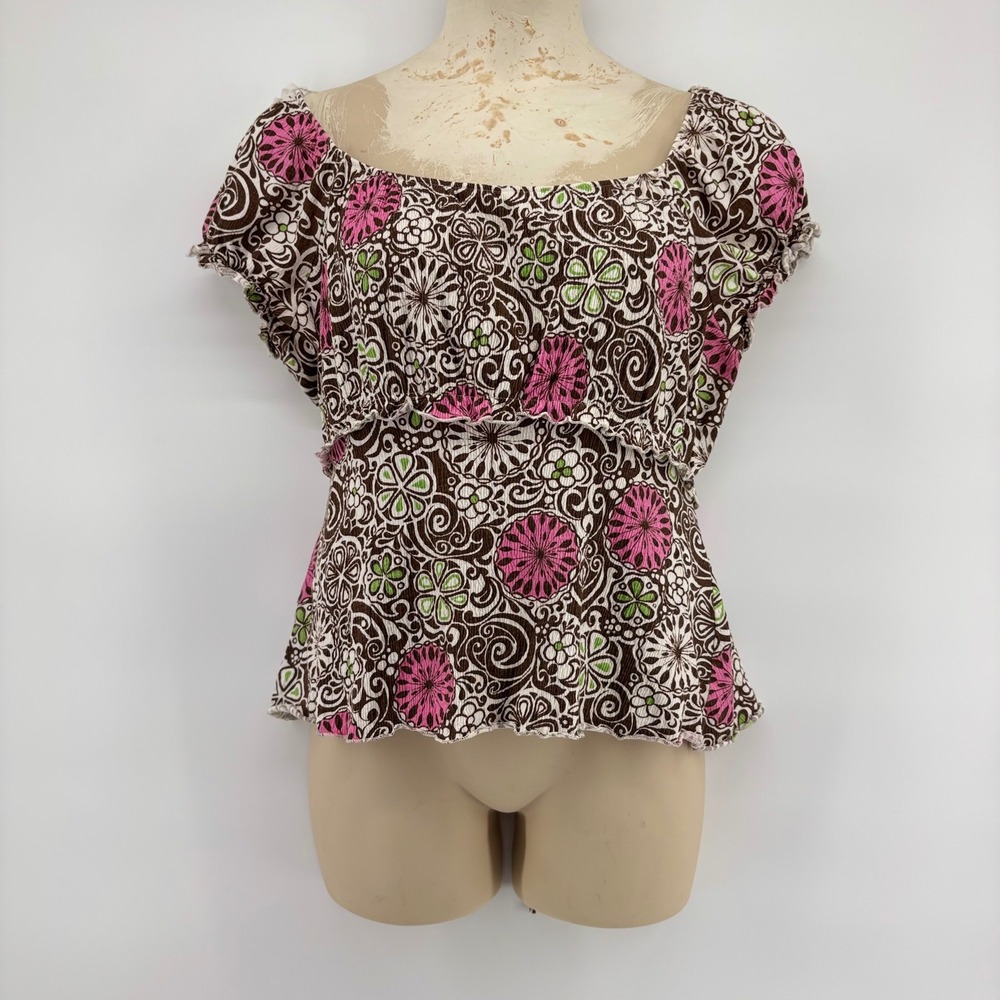 Bamboo Traders Women's XL Brown Pink Floral Tie Waist Peplum Blouse‎ Lizzie Y2K - Picture 2 of 7